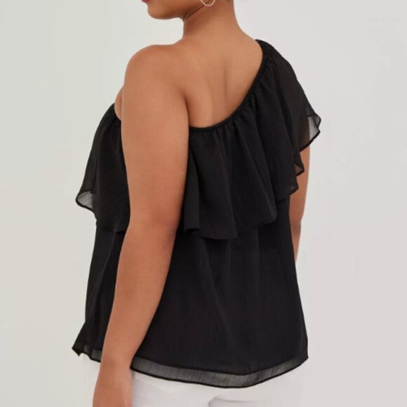 TORRID | One-Shoulder Ruffle Blouse - Crinkle Chiffon & Lurex Black Top | Sz. 4X - Picture 5 of 11